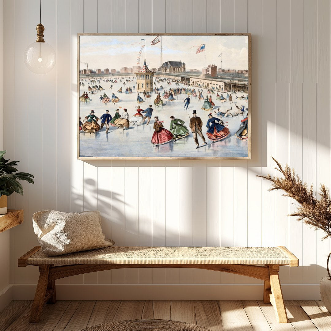 Step back in time with this captivating piece depicting a lively skating scene on a frozen pond. for Hallway
