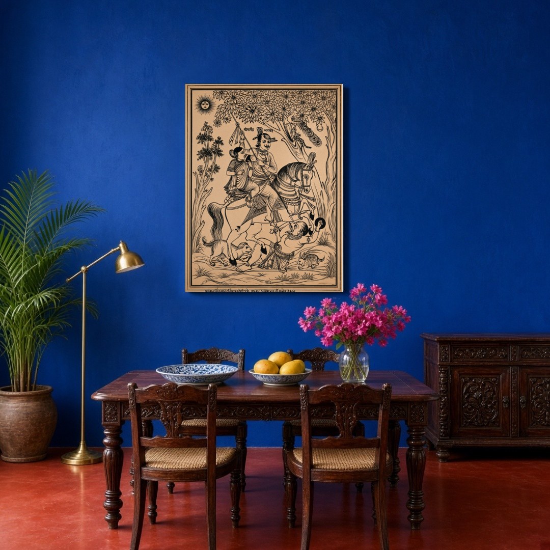 Immerse yourself in a scene of triumph and divine elegance with this exquisite Pichwai artwork for Dining