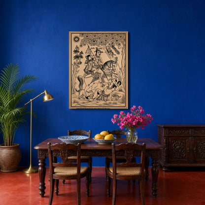 Immerse yourself in a scene of triumph and divine elegance with this exquisite Pichwai artwork for Dining