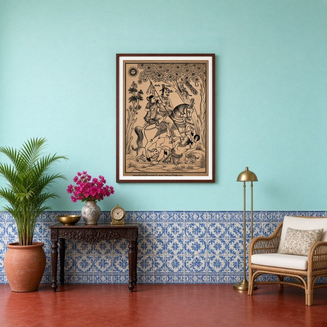 Immerse yourself in a scene of triumph and divine elegance with this exquisite Pichwai artwork for Entrance