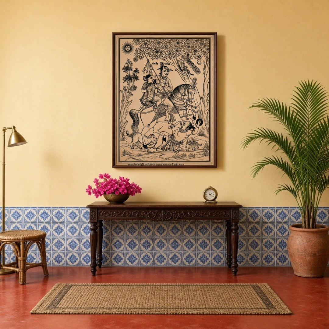 Immerse yourself in a scene of triumph and divine elegance with this exquisite Pichwai artwork for Hallway