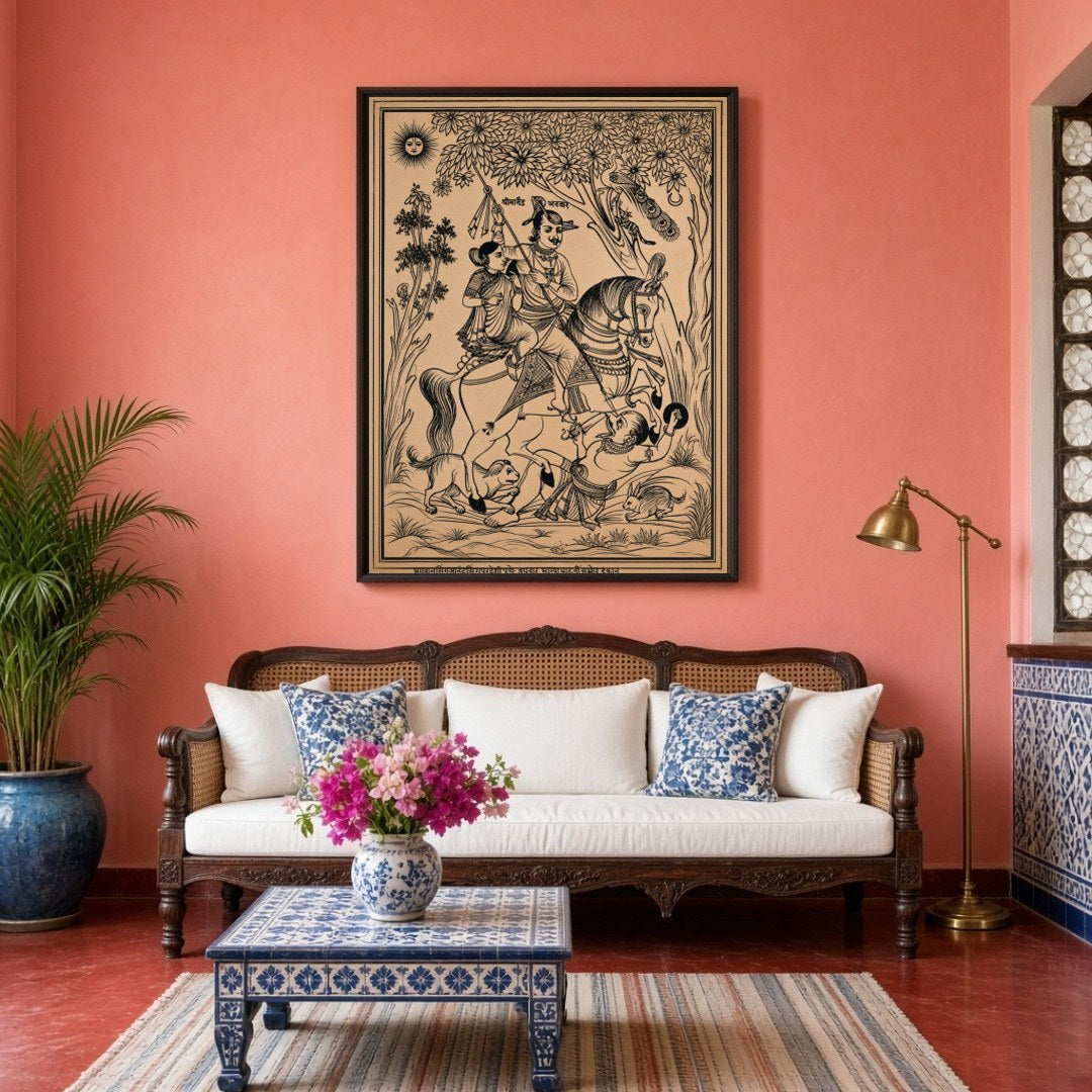 Immerse yourself in a scene of triumph and divine elegance with this exquisite Pichwai artwork for Living Room