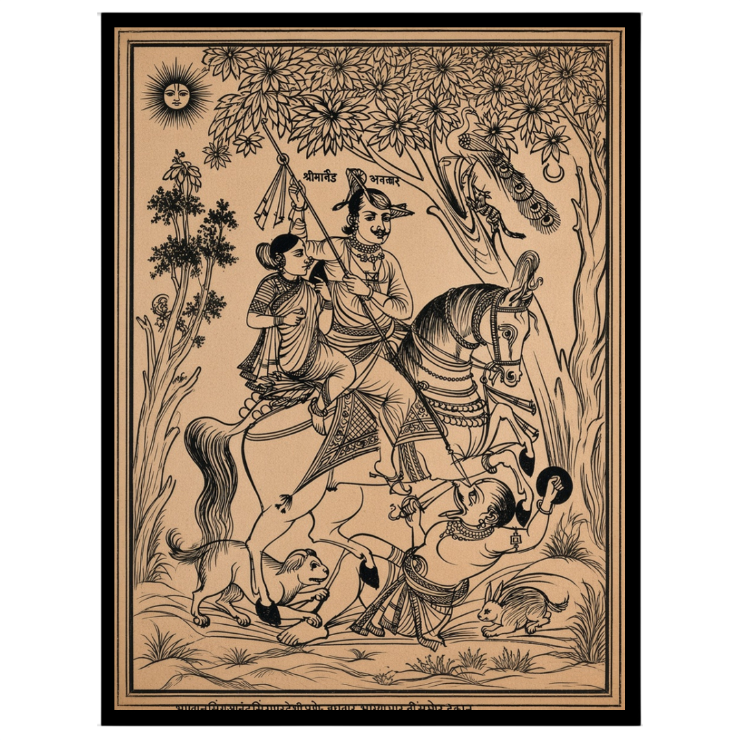 Immerse yourself in a scene of triumph and divine elegance with this exquisite Pichwai artwork for sweet-home
