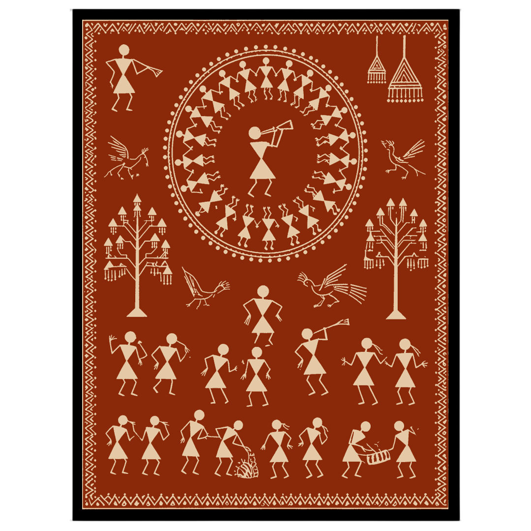 This captivating Warli art piece beautifully captures a village celebration, featuring dancers in a for area