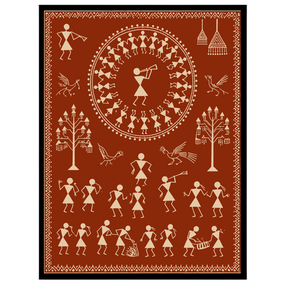 This captivating Warli art piece beautifully captures a village celebration, featuring dancers in a for area