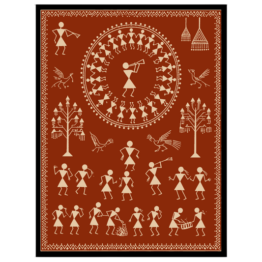 This captivating Warli art piece beautifully captures a village celebration, featuring dancers in a for area