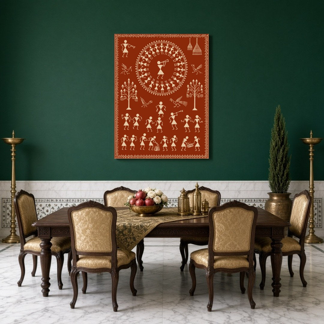 This captivating Warli art piece beautifully captures a village celebration, featuring dancers in a for Dining