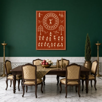 This captivating Warli art piece beautifully captures a village celebration, featuring dancers in a for Dining