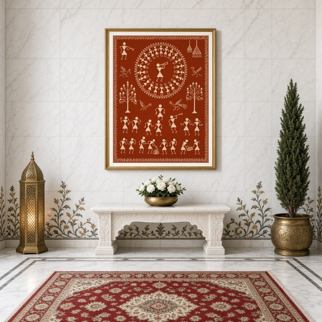 This captivating Warli art piece beautifully captures a village celebration, featuring dancers in a for Entrance