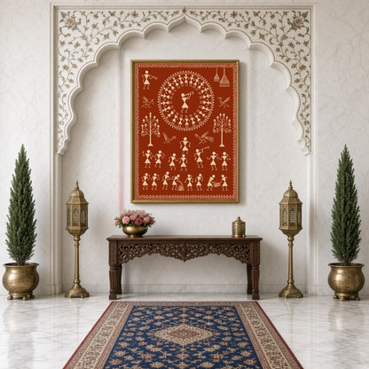 This captivating Warli art piece beautifully captures a village celebration, featuring dancers in a for Hallway