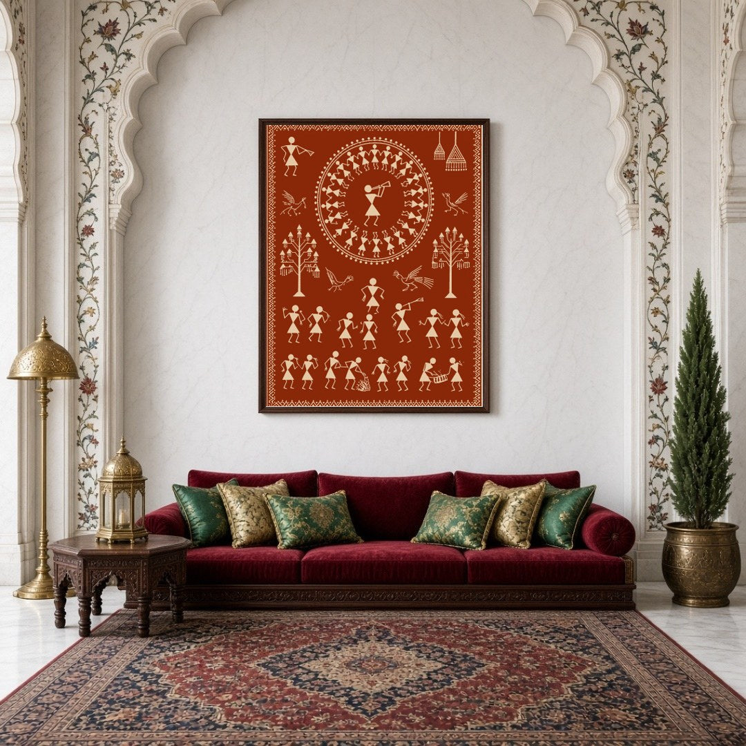 This captivating Warli art piece beautifully captures a village celebration, featuring dancers in a for Living Room