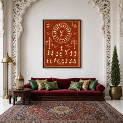 This captivating Warli art piece beautifully captures a village celebration, featuring dancers in a for Living Room