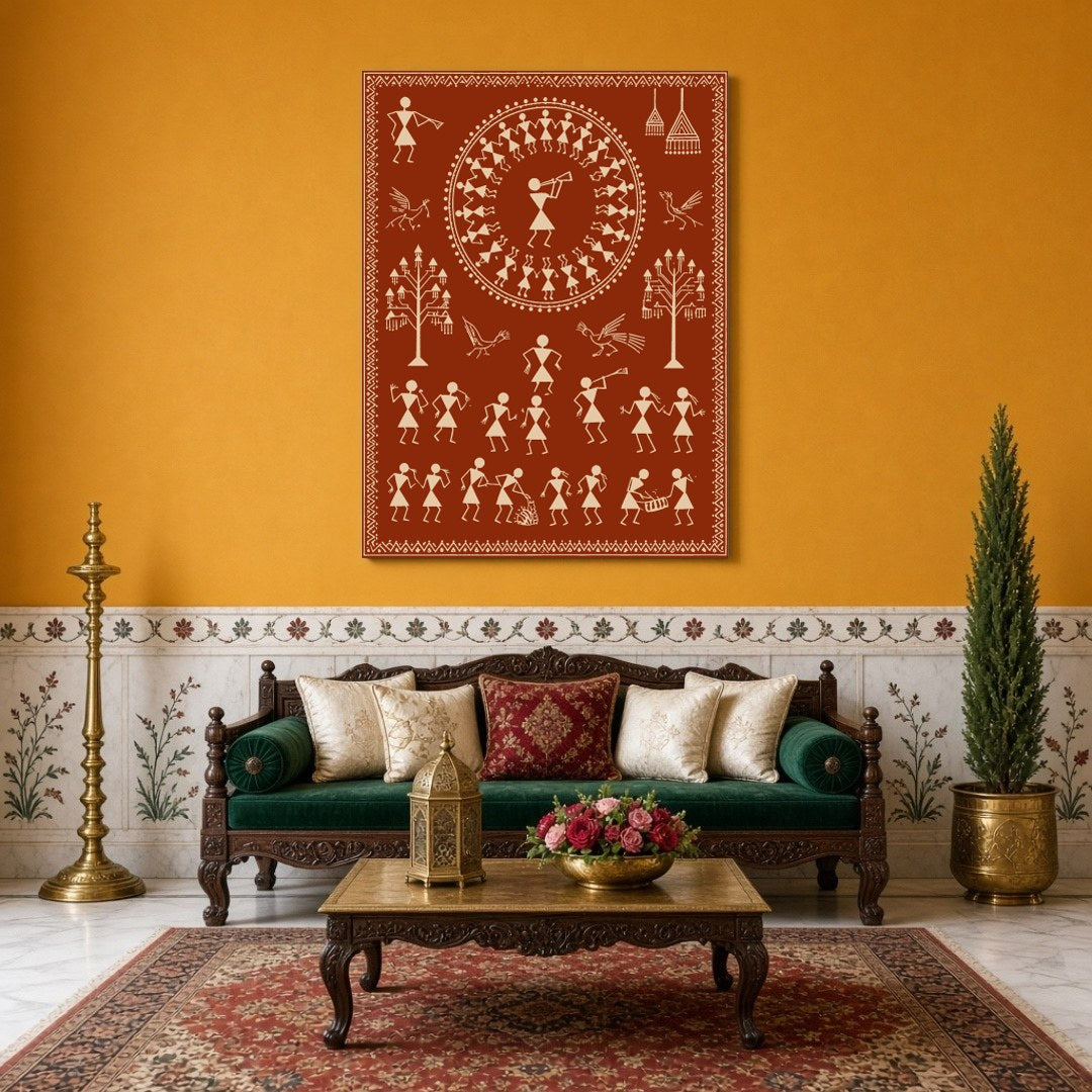 This captivating Warli art piece beautifully captures a village celebration, featuring dancers in a for Sitting Area