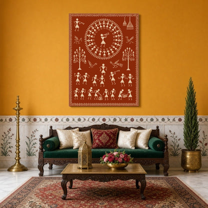This captivating Warli art piece beautifully captures a village celebration, featuring dancers in a for Sitting Area