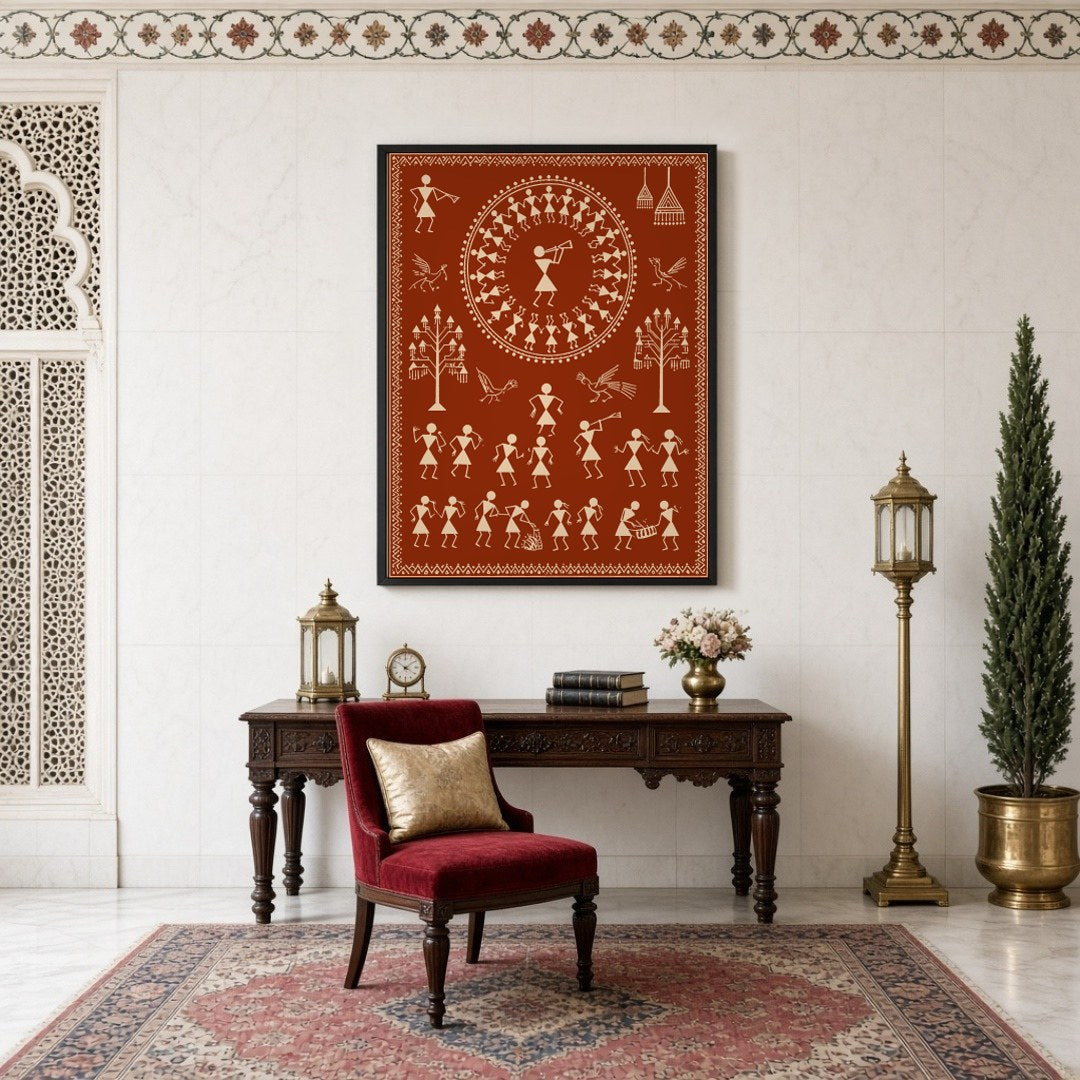 This captivating Warli art piece beautifully captures a village celebration, featuring dancers in a for Study