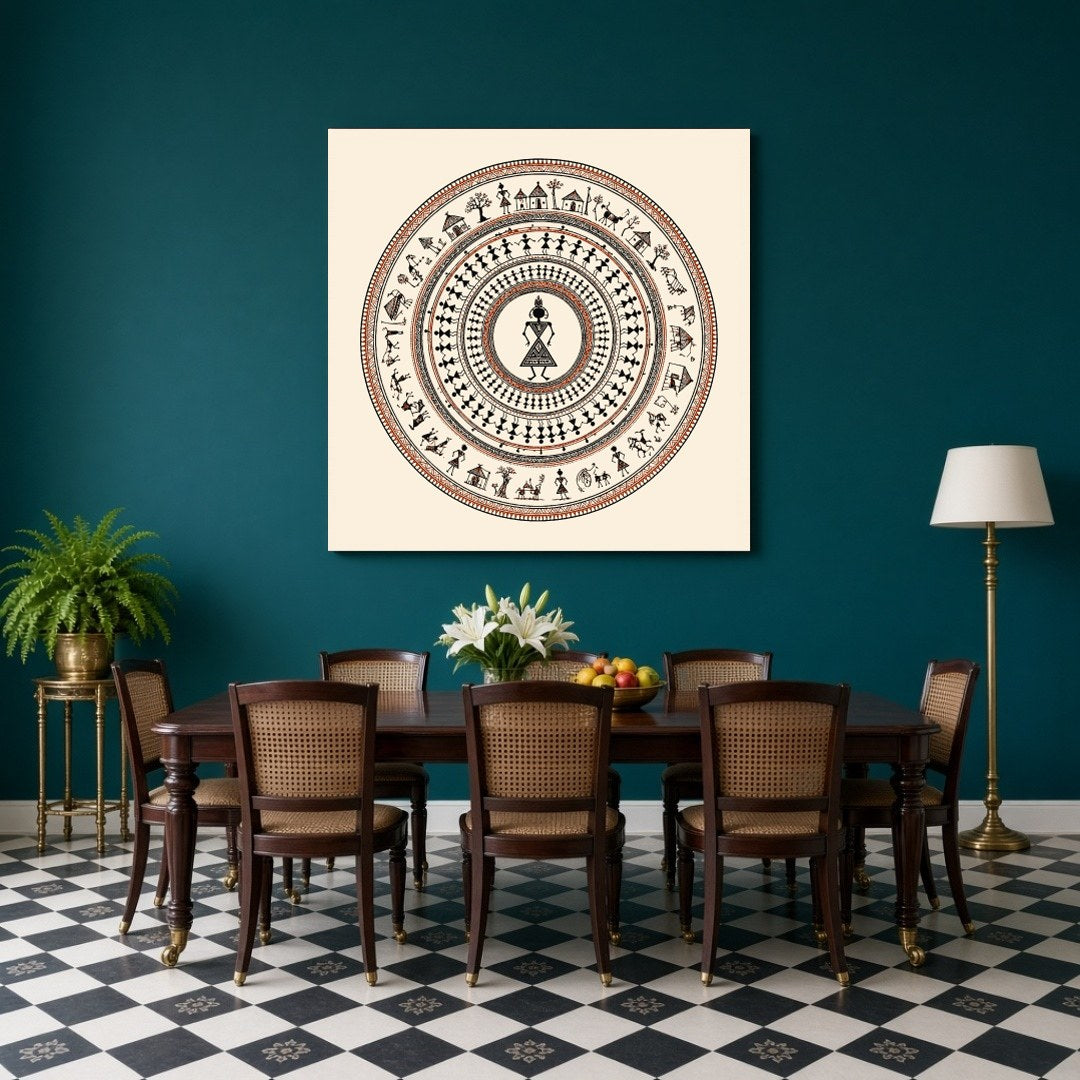 Discover the rhythmic elegance of village life captured in this stunning Warli Art print. Depicting for Dining