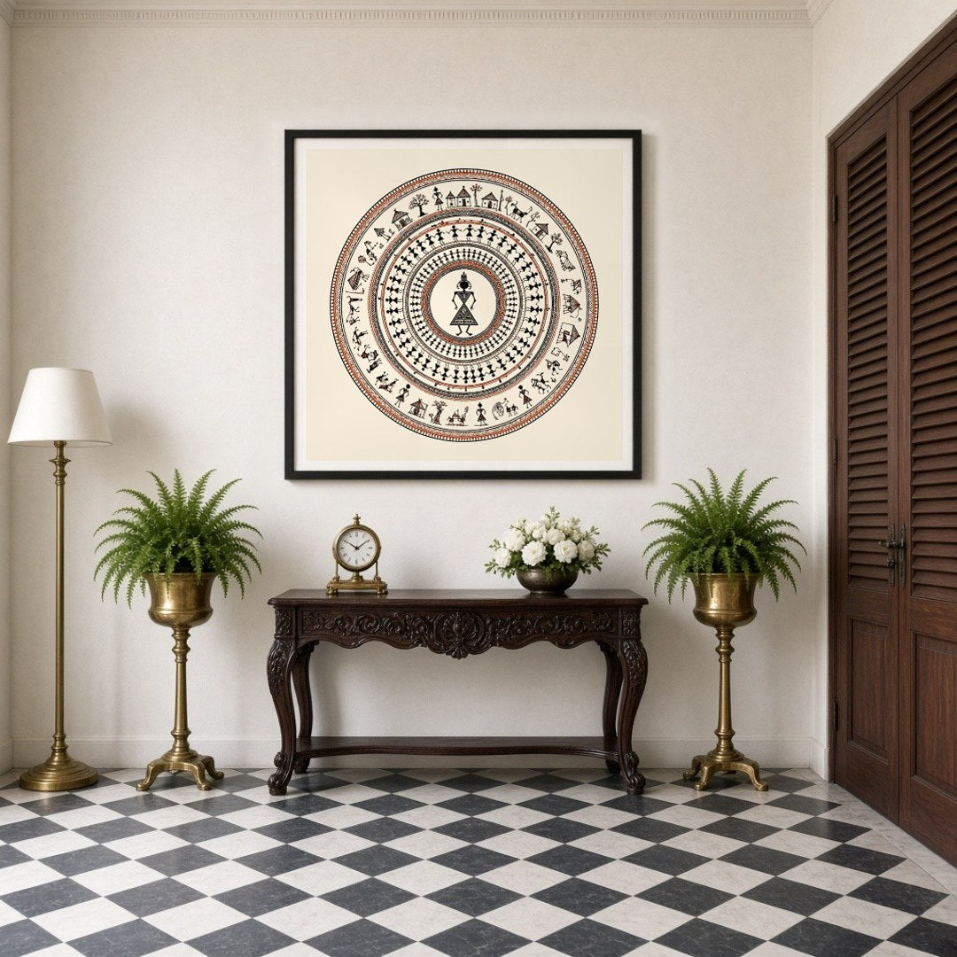 Discover the rhythmic elegance of village life captured in this stunning Warli Art print. Depicting for Entrance