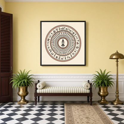 Discover the rhythmic elegance of village life captured in this stunning Warli Art print. Depicting for Hallway