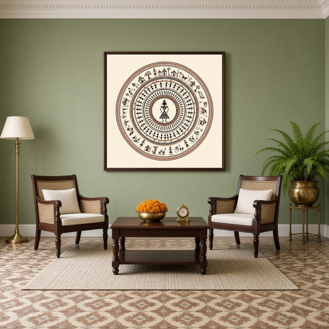 Discover the rhythmic elegance of village life captured in this stunning Warli Art print. Depicting for Living Room