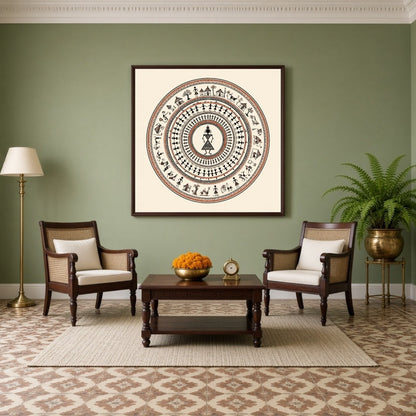 Discover the rhythmic elegance of village life captured in this stunning Warli Art print. Depicting for Living Room