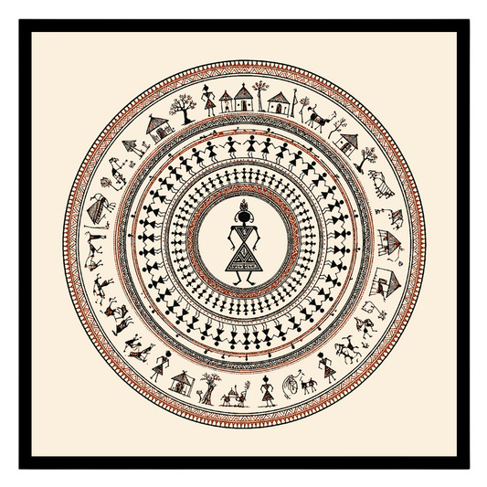 Discover the rhythmic elegance of village life captured in this stunning Warli Art print. Depicting for residence