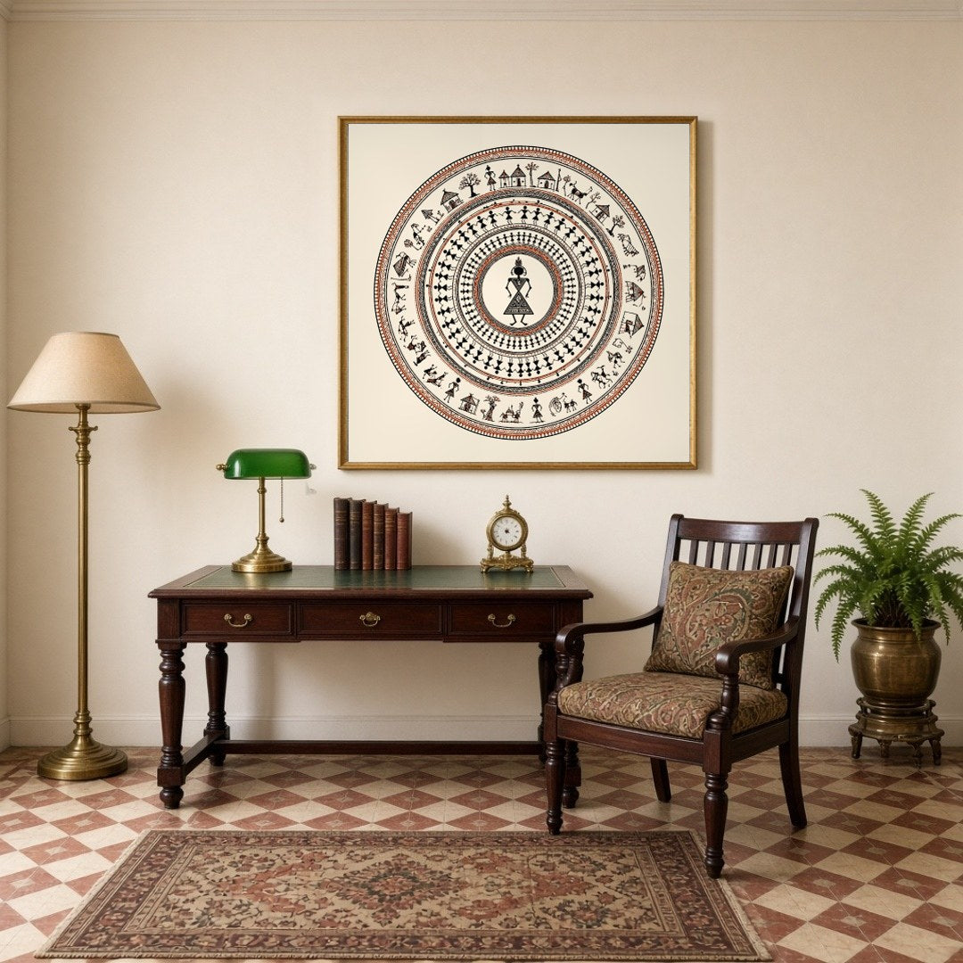 Discover the rhythmic elegance of village life captured in this stunning Warli Art print. Depicting for Study