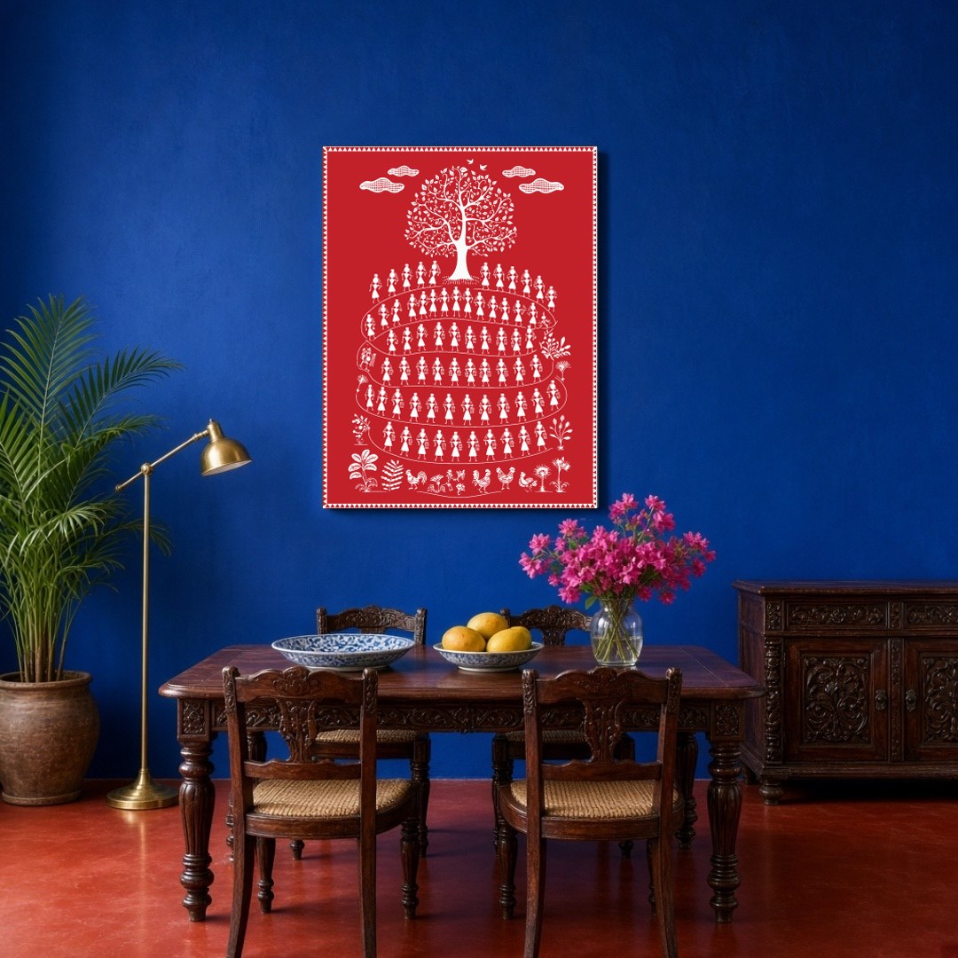 Immerse yourself in the vibrant traditions of village life with this enchanting Warli art print. for Dining