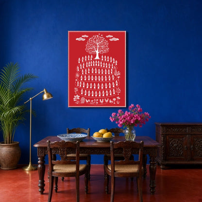 Immerse yourself in the vibrant traditions of village life with this enchanting Warli art print. for Dining