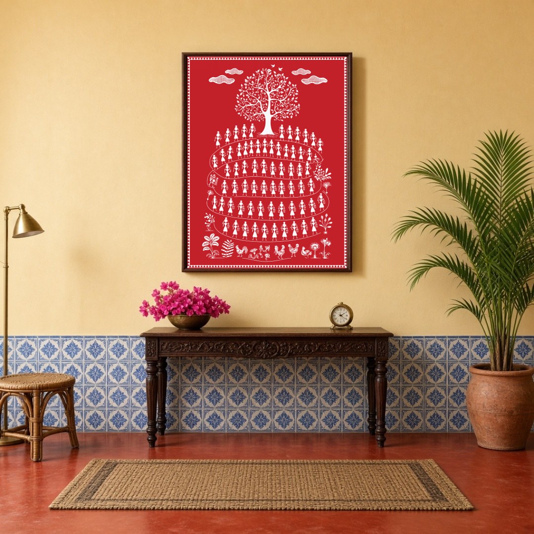 Immerse yourself in the vibrant traditions of village life with this enchanting Warli art print. for Hallway
