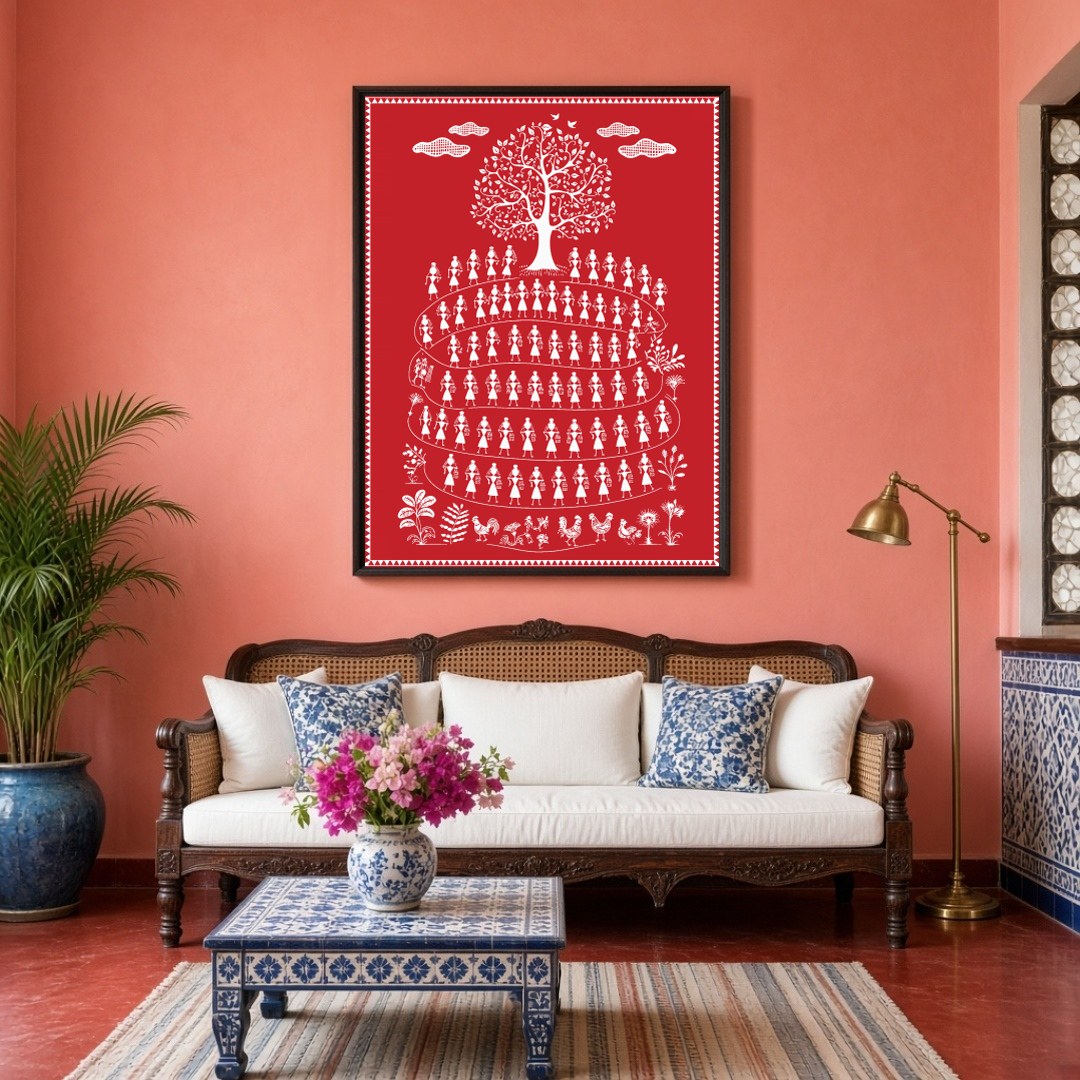 Immerse yourself in the vibrant traditions of village life with this enchanting Warli art print. for Living Room