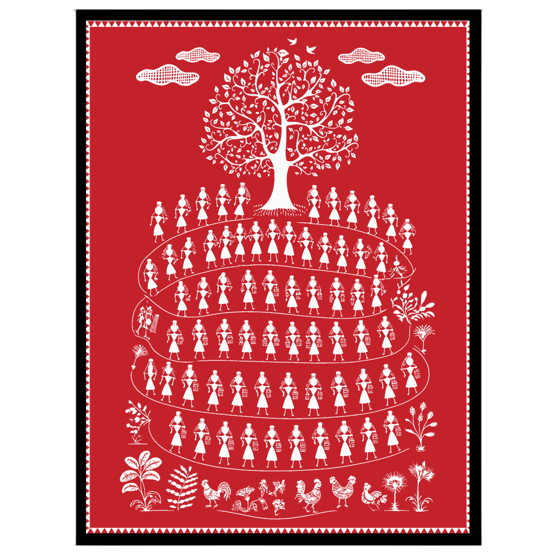 Immerse yourself in the vibrant traditions of village life with this enchanting Warli art print. for living-space