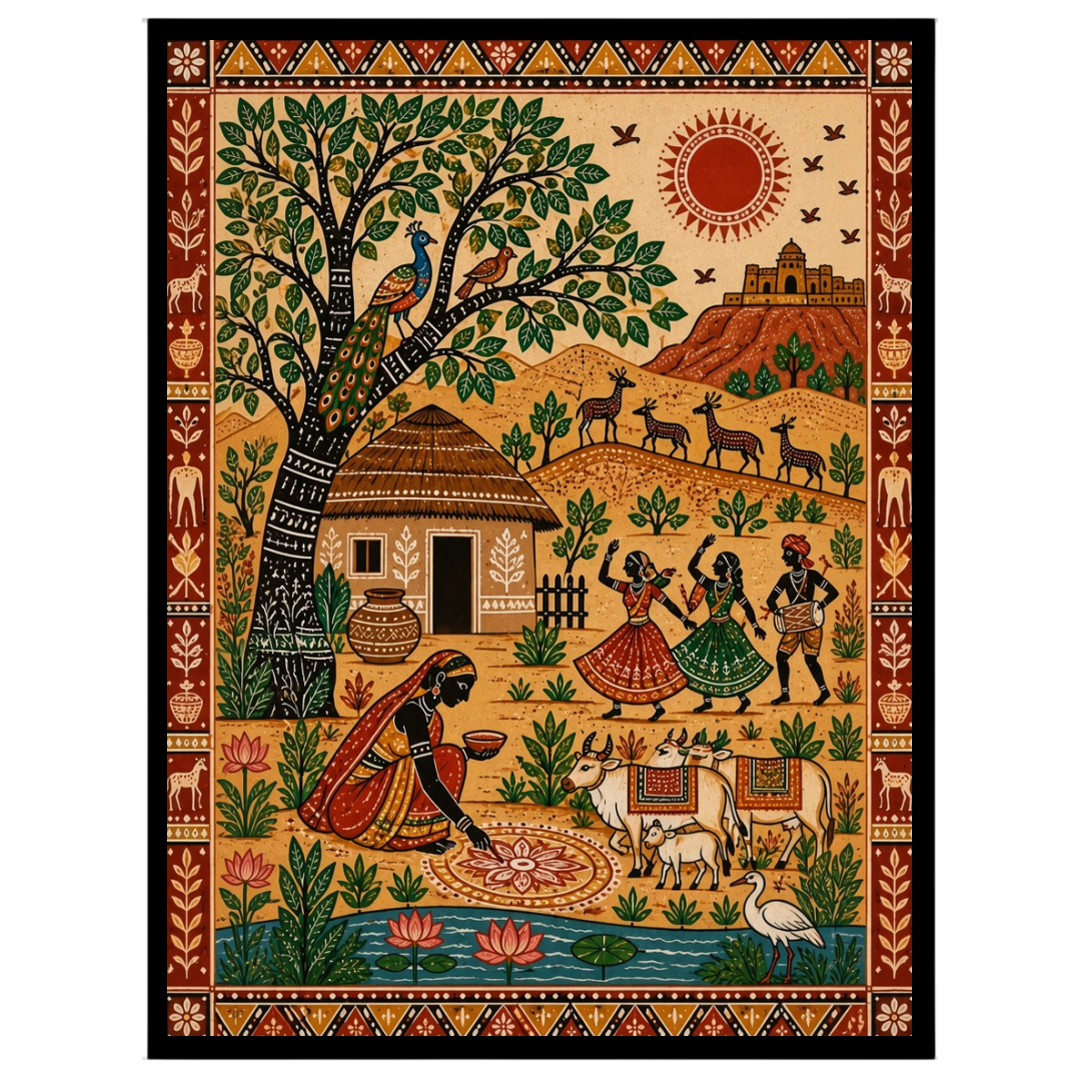 Experience the lively essence of rural festivities with this vibrant Madhubani painting. The for area