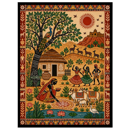 Experience the lively essence of rural festivities with this vibrant Madhubani painting. The for area