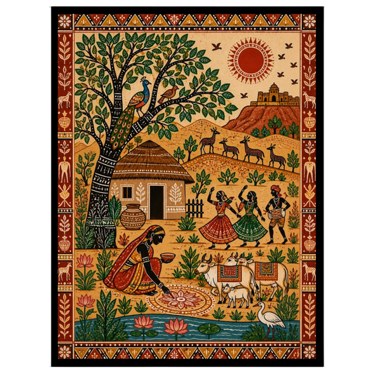 Experience the lively essence of rural festivities with this vibrant Madhubani painting. The for area