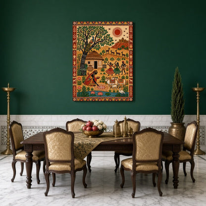 Experience the lively essence of rural festivities with this vibrant Madhubani painting. The for Dining