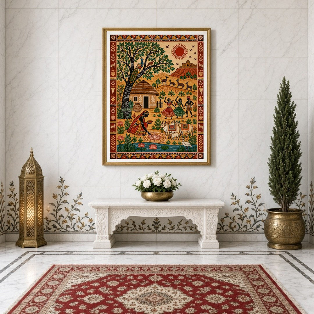 Experience the lively essence of rural festivities with this vibrant Madhubani painting. The for Entrance