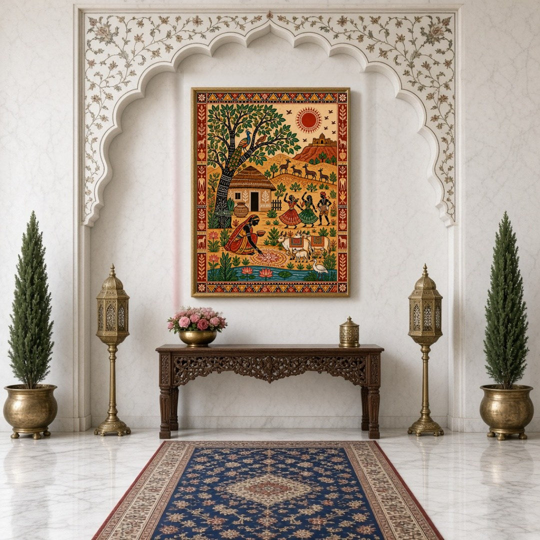 Experience the lively essence of rural festivities with this vibrant Madhubani painting. The for Hallway