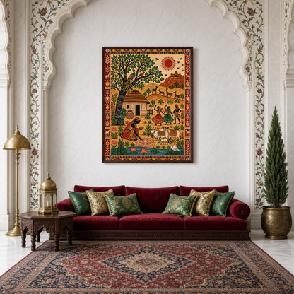 Experience the lively essence of rural festivities with this vibrant Madhubani painting. The for Living Room