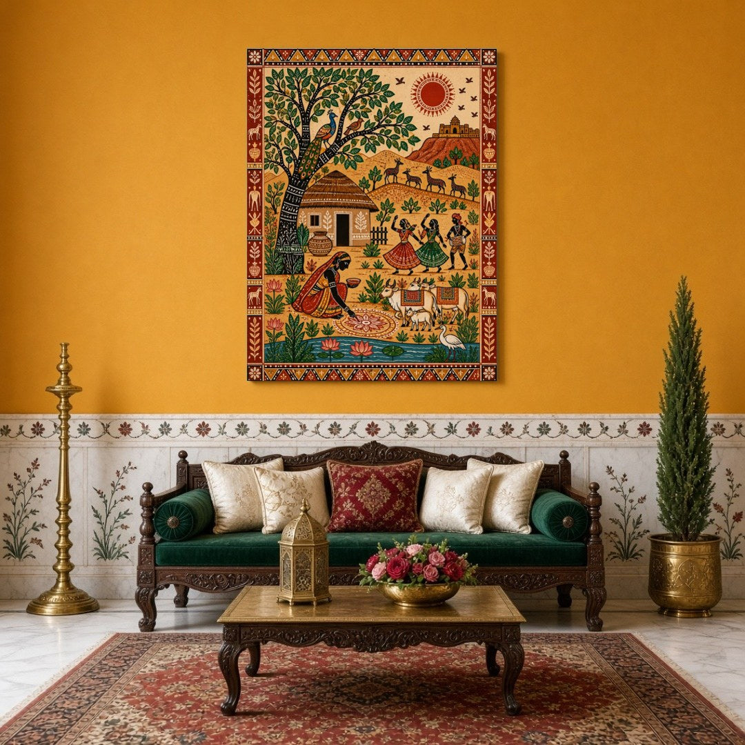 Experience the lively essence of rural festivities with this vibrant Madhubani painting. The for Sitting Area
