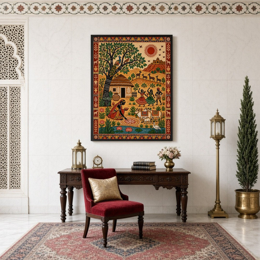Experience the lively essence of rural festivities with this vibrant Madhubani painting. The for Study
