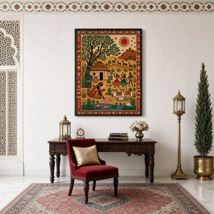Experience the lively essence of rural festivities with this vibrant Madhubani painting. The for Study