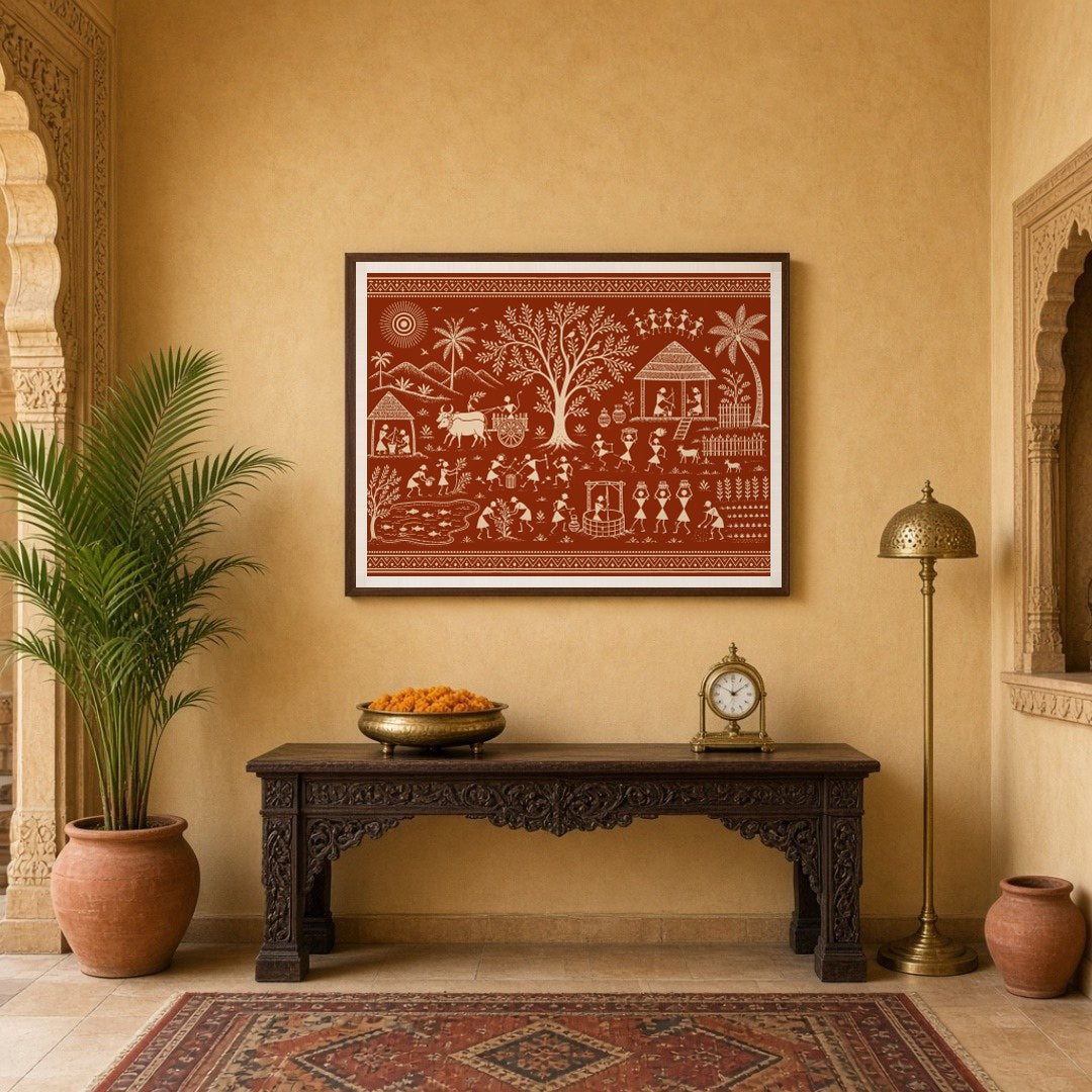 Immerse yourself in the rhythmic harmony of village life with this stunning Warli art piece. for Entrance