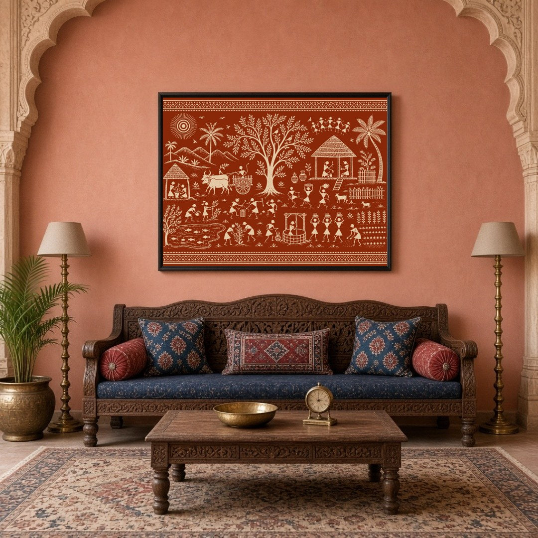 Immerse yourself in the rhythmic harmony of village life with this stunning Warli art piece. for Living Room