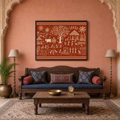 Immerse yourself in the rhythmic harmony of village life with this stunning Warli art piece. for Living Room