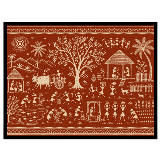 Immerse yourself in the rhythmic harmony of village life with this stunning Warli art piece. for living-space