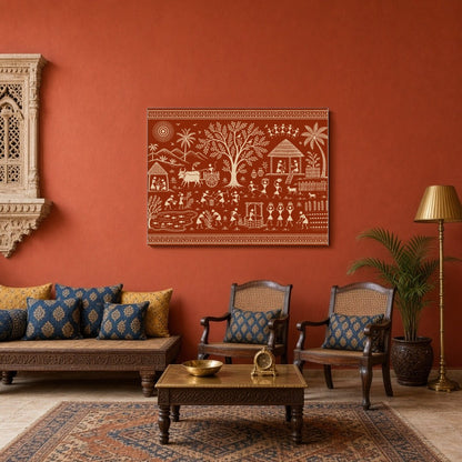 Immerse yourself in the rhythmic harmony of village life with this stunning Warli art piece. for Sitting Area