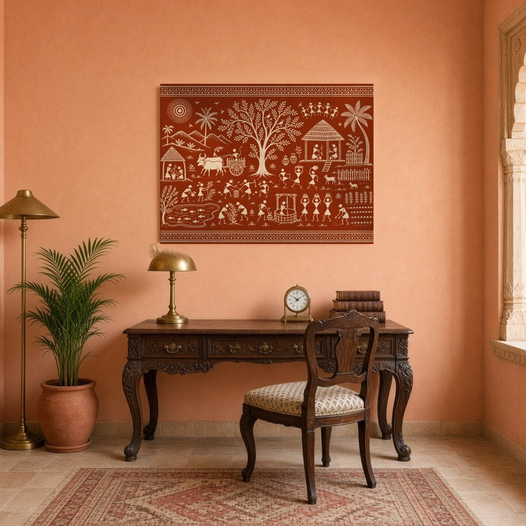 Immerse yourself in the rhythmic harmony of village life with this stunning Warli art piece. for Study