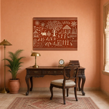 Immerse yourself in the rhythmic harmony of village life with this stunning Warli art piece. for Study