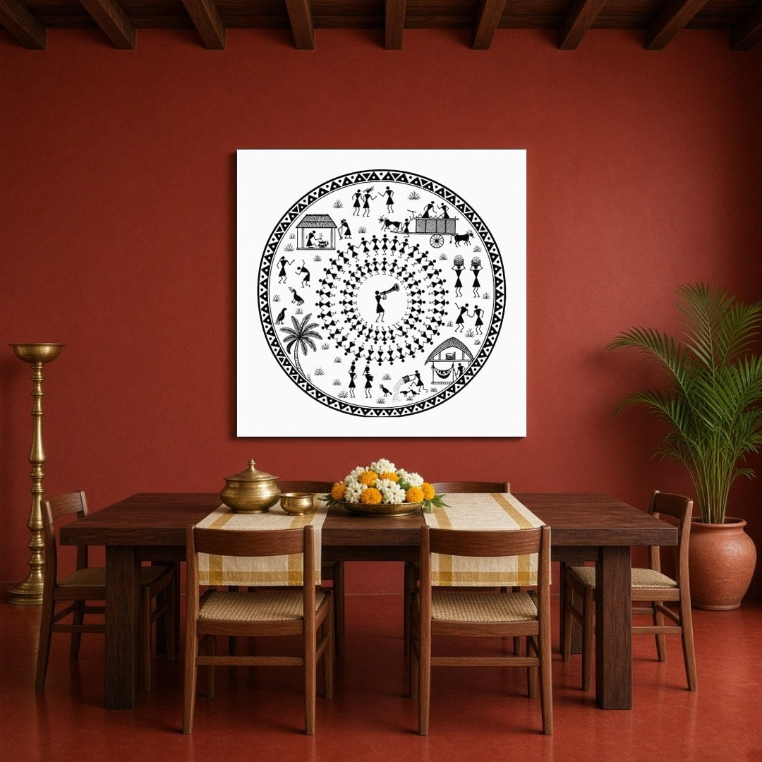 Celebrate the joyous rhythms of village life with this captivating Warli art print, showcasing for Dining