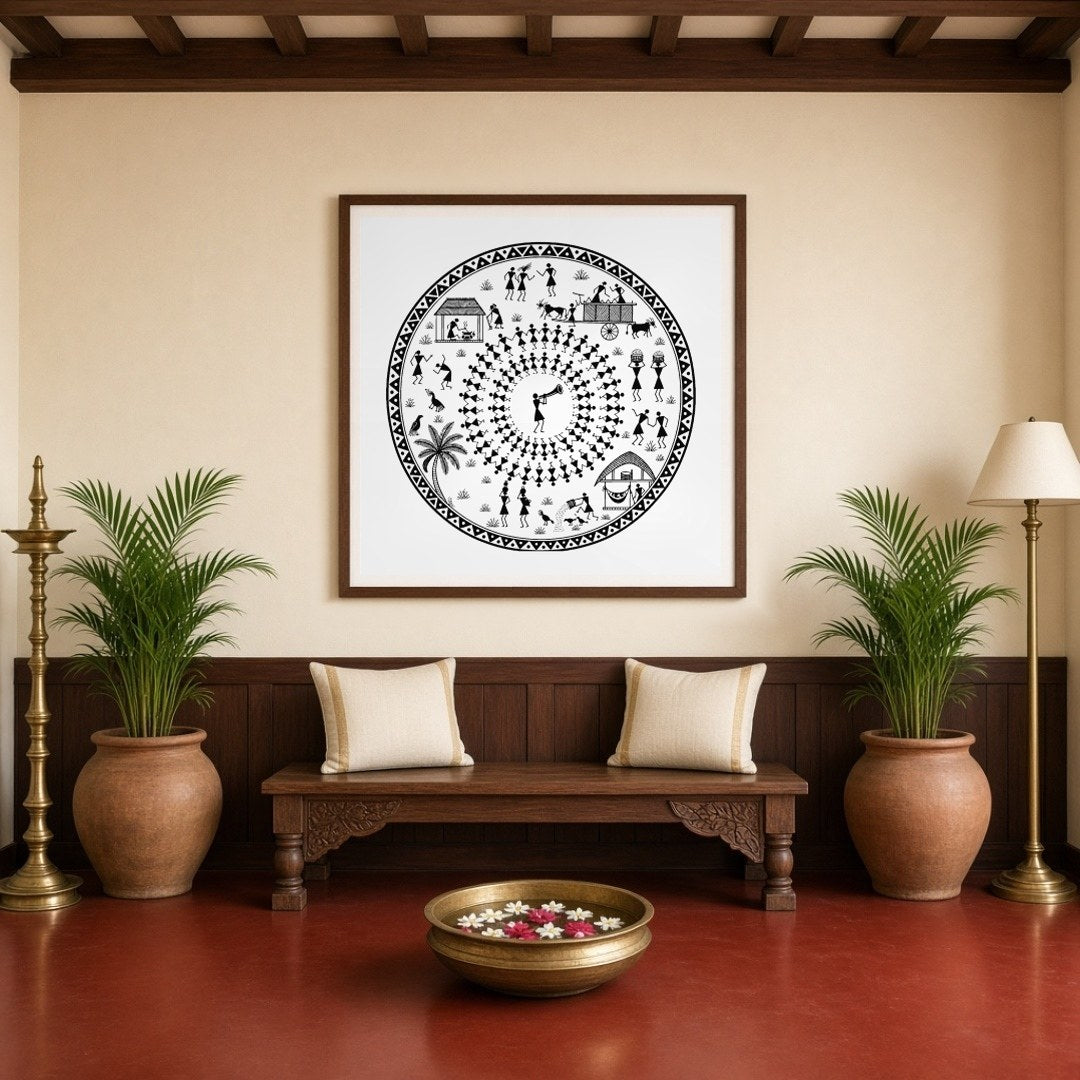 Celebrate the joyous rhythms of village life with this captivating Warli art print, showcasing for Entrance